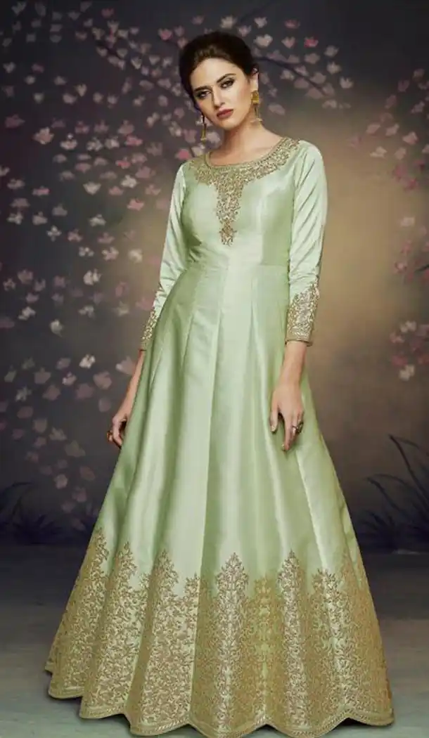 Mesmerizing Pista Color Satin Silk Designer Knee Length Readymade Gown - 414950615
