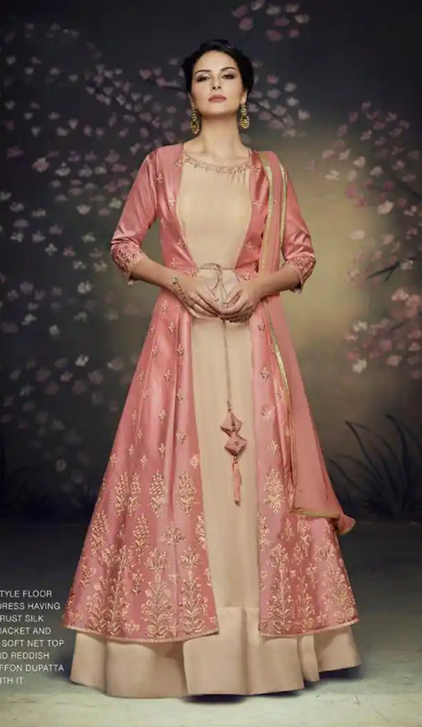 Chiku Color Soft Net Designer Knee Length Readymade Gown with Jacket - 414950616