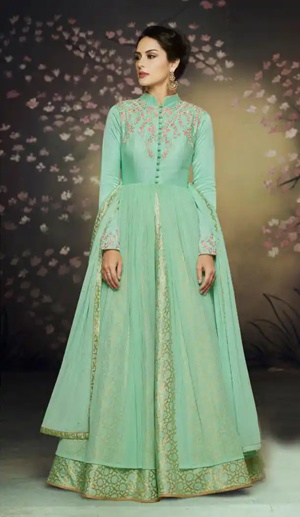 Sea Green Color Soft Net Designer Knee Length Readymade Gown - 414950617