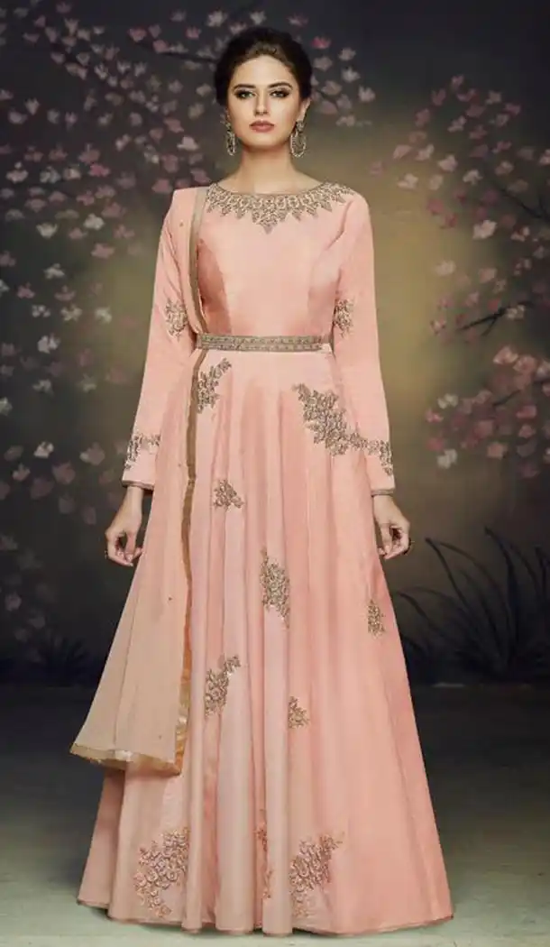 Peach Color Satin Silk Designer Knee Length Readymade Gown - 414950618