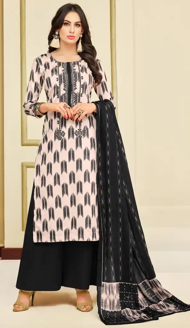 Black and Off White Color Heavy Chanderi Daily Wear Palazzo Salwar Kameez - 417650901