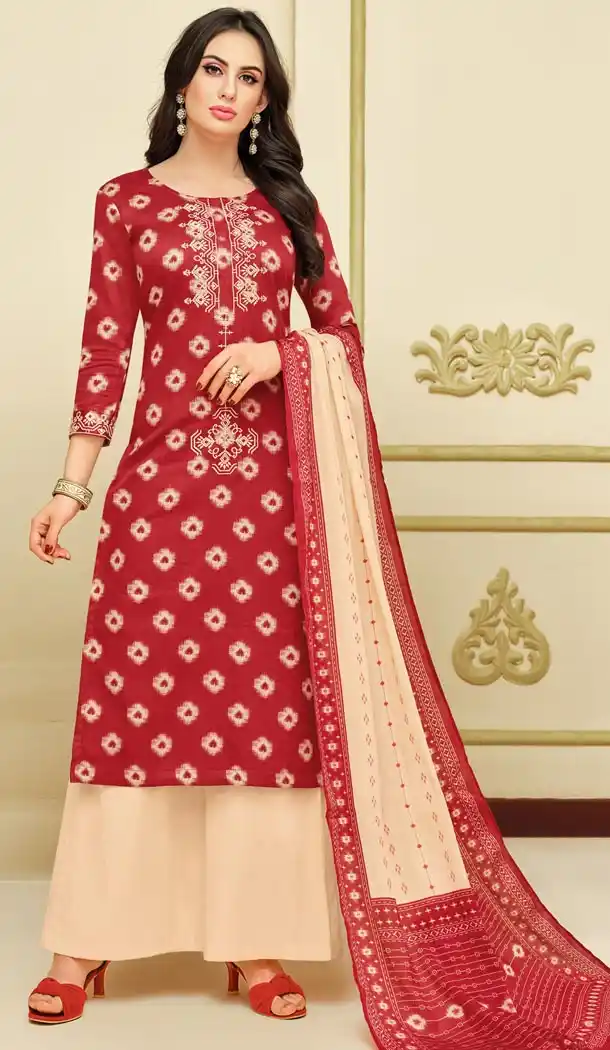 Splendorous Red Color Heavy Chanderi Daily Wear Palazzo Salwar Kameez - 417650903