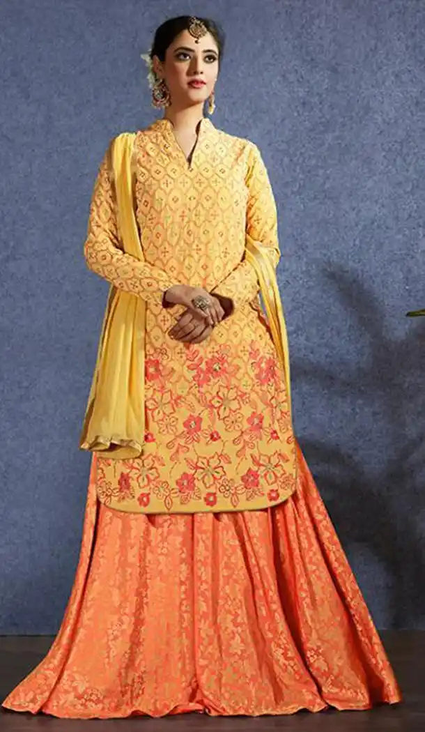 Yellow Color Muslin Party Wear Lehenga Style Salwar Kameez - 414850832