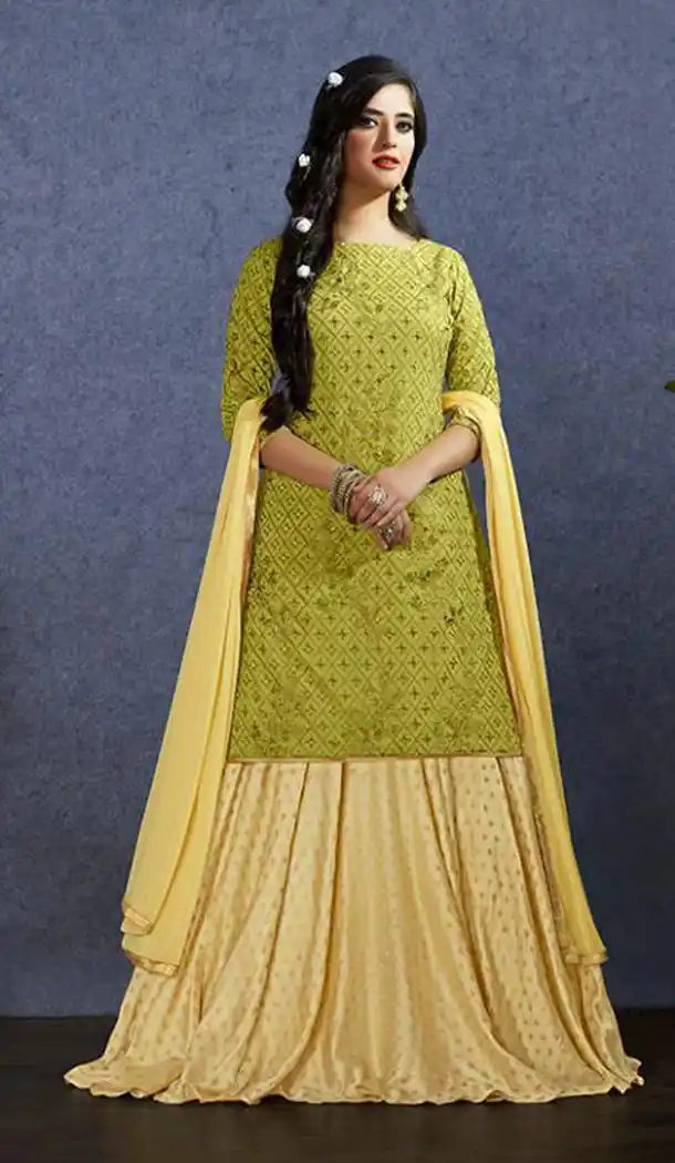 Olive Color Muslin Party Wear Lehenga Style Salwar Kameez - 416850837