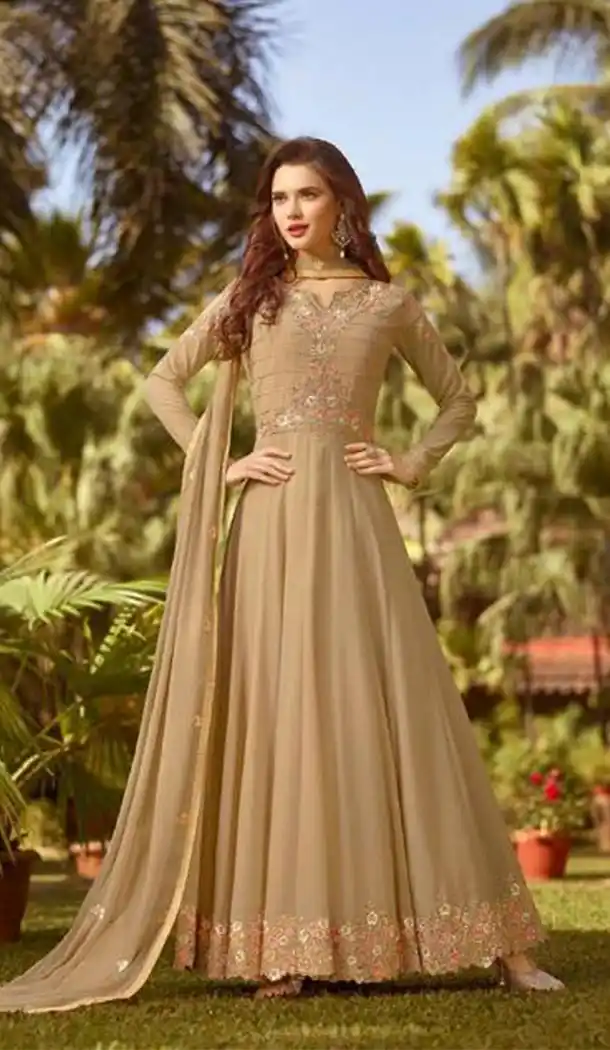 Beige Color Soft Georgette Knee Length Party Wear Salwar Kameez - 417150856