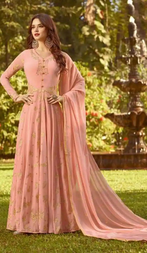 Peach Color Soft Georgette Knee Length Party Wear Salwar Kameez