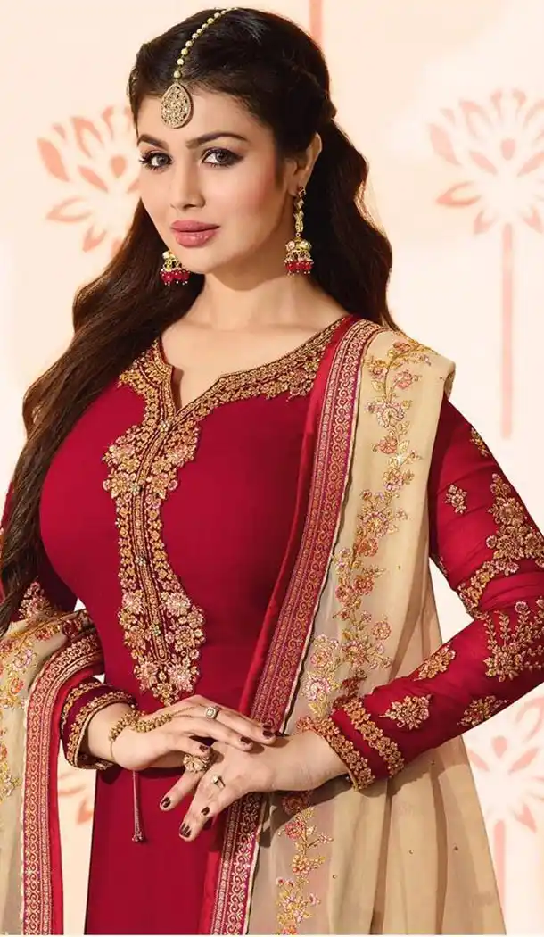 Maroon Color Georgette Bollywood Celebrity Aysha Takia Salwar Kameez - 417450886