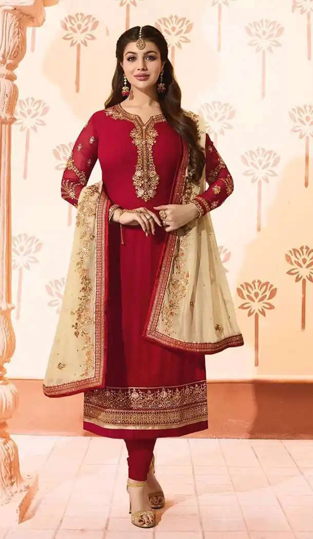 Maroon Color Georgette Bollywood Celebrity Aysha Takia Salwar Kameez - 417450886