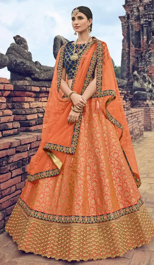 Ravishing Orange Color Jacquard Net Wedding and Sangeet Ceremony Lehenga Choli - 416650819