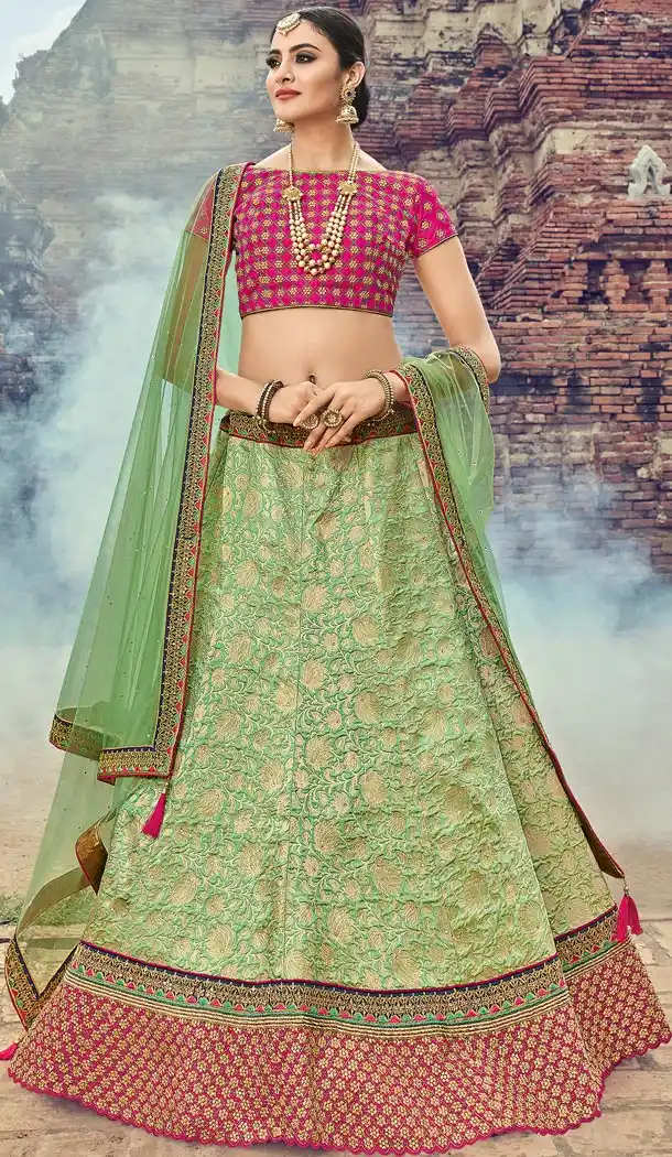 Green Color Jacquard Net Wedding and Sangeet Ceremony Lehenga Choli - 416650820
