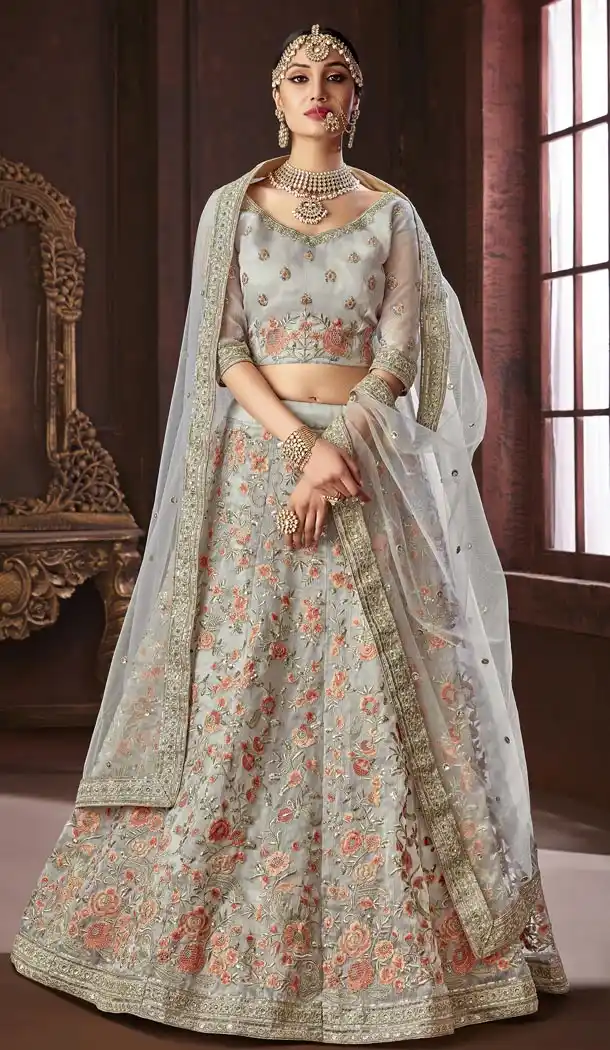 Silver Color Organza Silk Bridel Wear Designer Lehenga Choli - 416950840