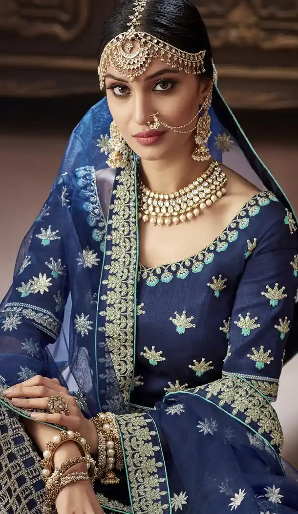 Navy Blue Color Apple Silk Bridel Wear Designer Lehenga Choli - 416950841