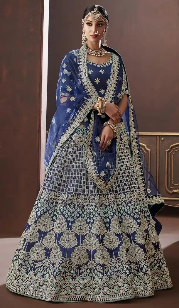 Navy Blue Color Apple Silk Bridel Wear Designer Lehenga Choli - 416950841