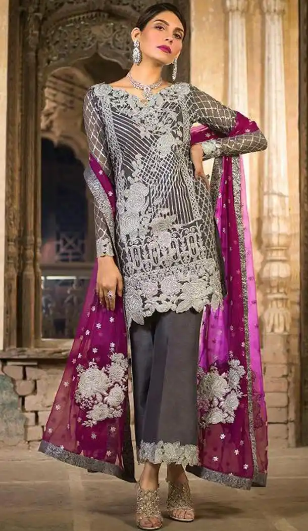 Sparkling Grey Color Net Party Embroidery Straight Pant Suit - 418150957