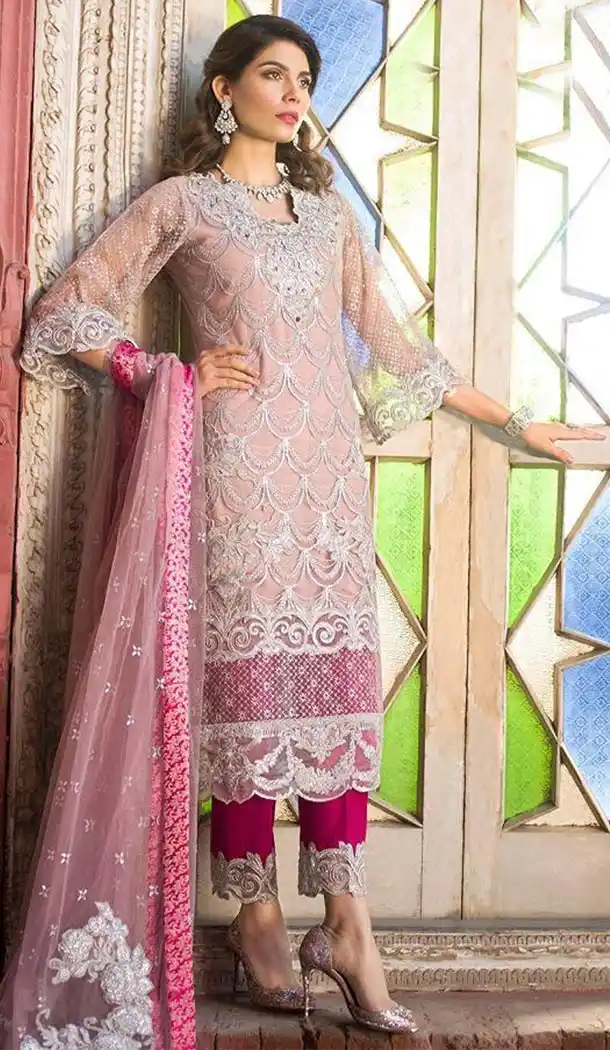 Tantalizing Rose Pink Color Net Party Embroidery Straight Pant Suit - 418150958