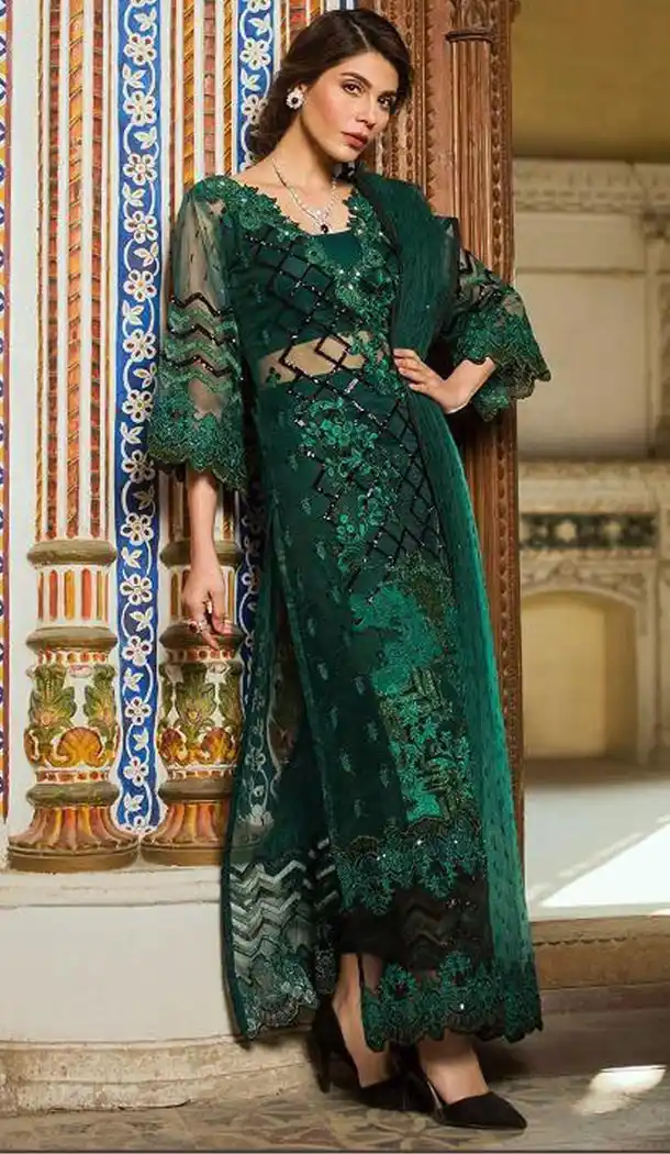 Green Color Net Party Embroidery Straight Pant Suit - 418150959
