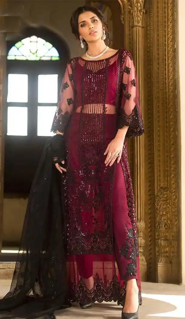 Gleaming Magenta Color Net Party Embroidery Straight Pant Suit - 418150960