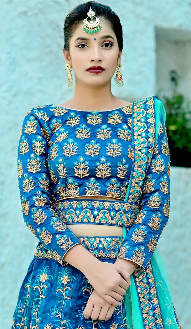 Azure Color Silk Designer Heavy Wedding Wear Lehenga Choli - 420051154