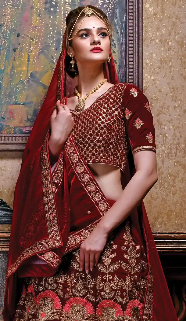 Maroon Color Velvet Designer Heavy Wedding Wear Lehenga Choli - 420051160