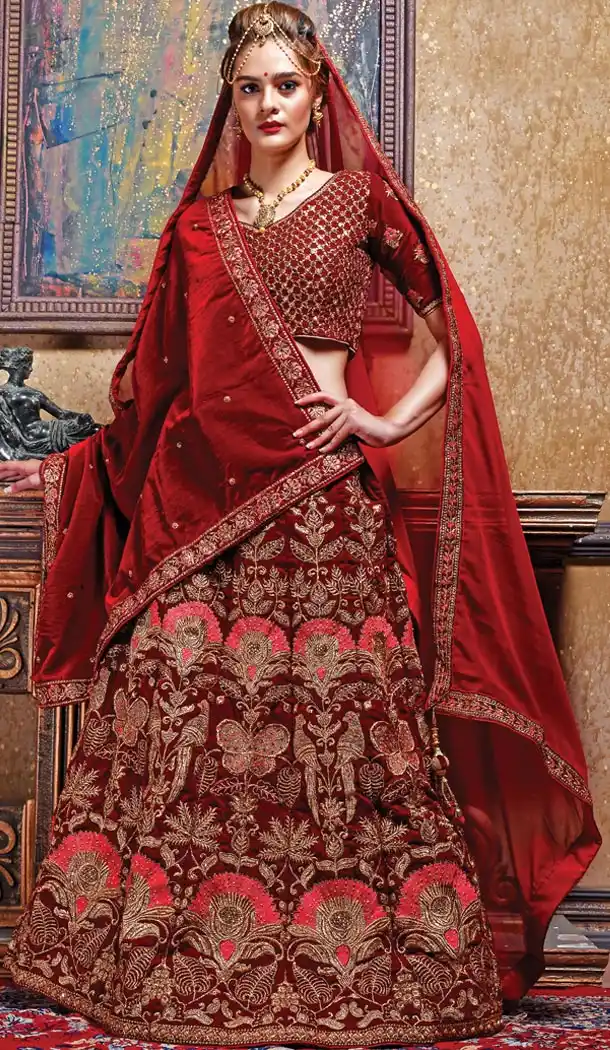 Maroon Color Velvet Designer Heavy Wedding Wear Lehenga Choli - 420051160