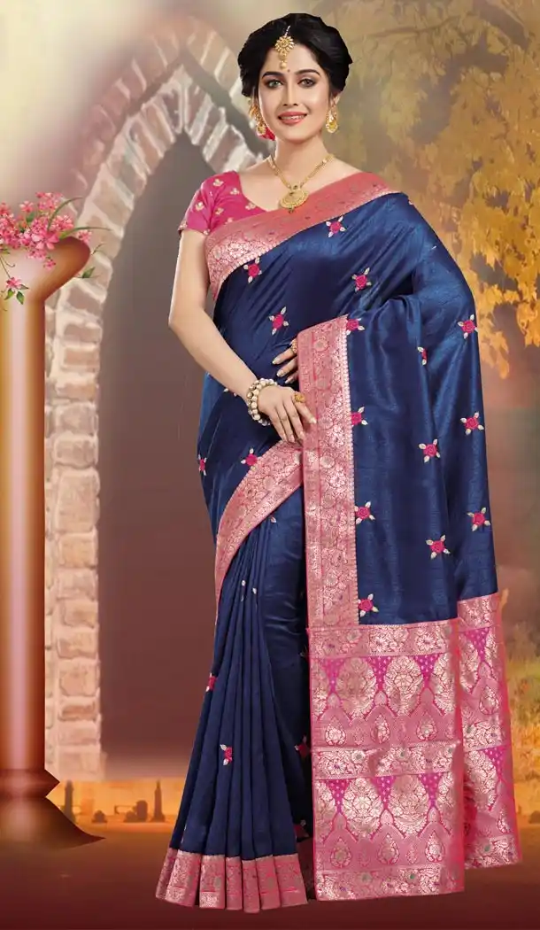Blue Color Silk Traditional Wear Sarees Blouse