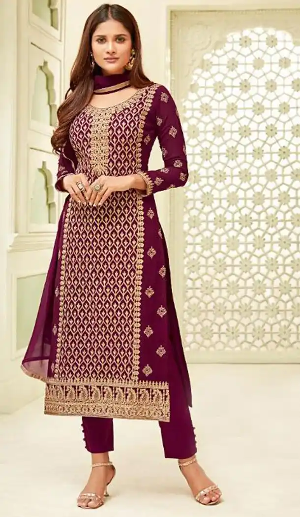 Wine Color Georgette Evening Wear Party Wear Salwar Kameez - 418050950