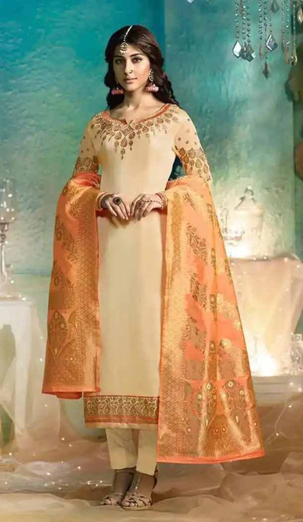 Cream Color Satin Georgette Traditional Party Wear Salwar Kameez - 418250968