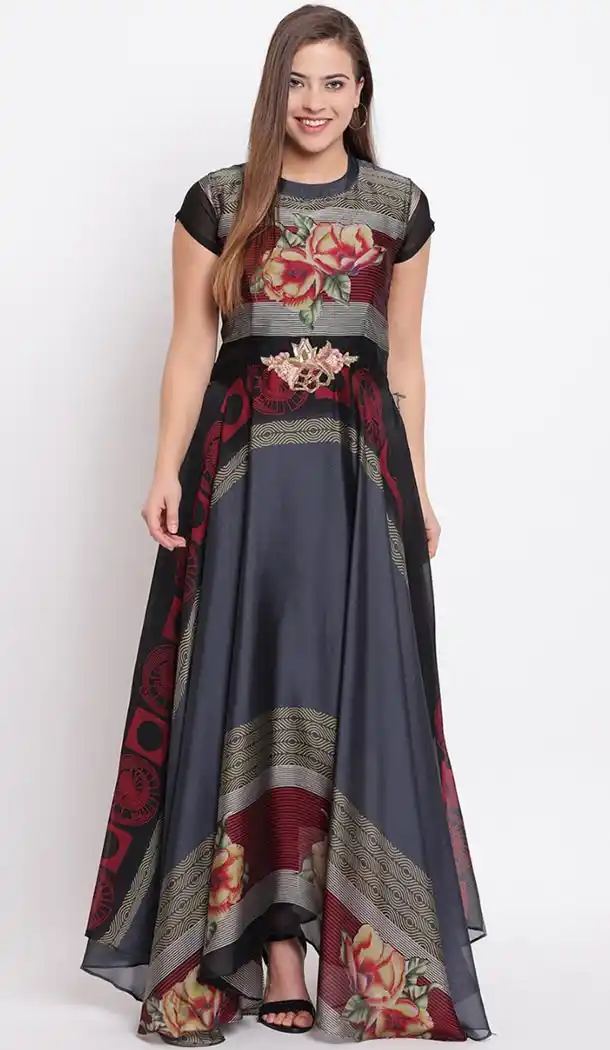 Black and Blue Color Georgette Party Wear Long Readymade Kurtis For Girls - 418550980