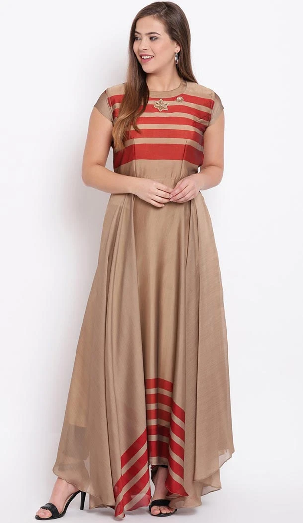 Beige Color Georgette Party Wear Long Readymade Kurtis For Girls - 418550981