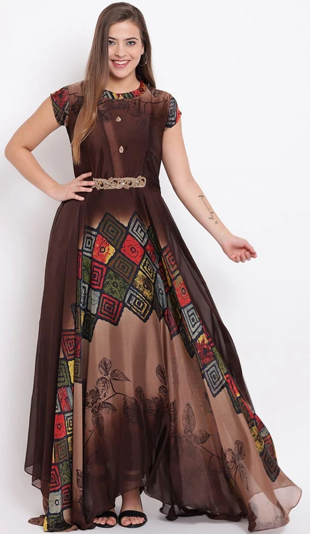 Brown Color Georgette Party Wear Long Readymade Kurtis For Girls - 418550982