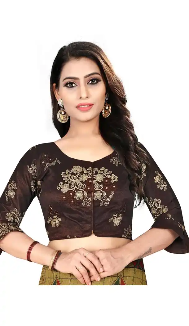 Brown Color Silk 3/4 Sleeve Party Wear Readymade Blouse - 418851007