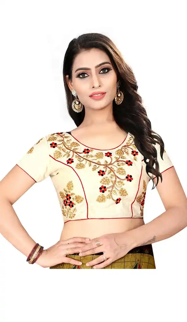 Cream Color Silk Short Sleeve Party Wear Readymade Blouse