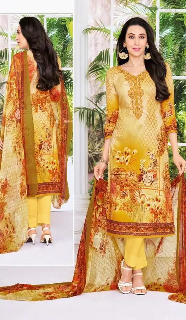Bollywood Celebrity Karishma Kapoor Yellow Color Pure Jaam Satin Salwar Kameez - 419651105