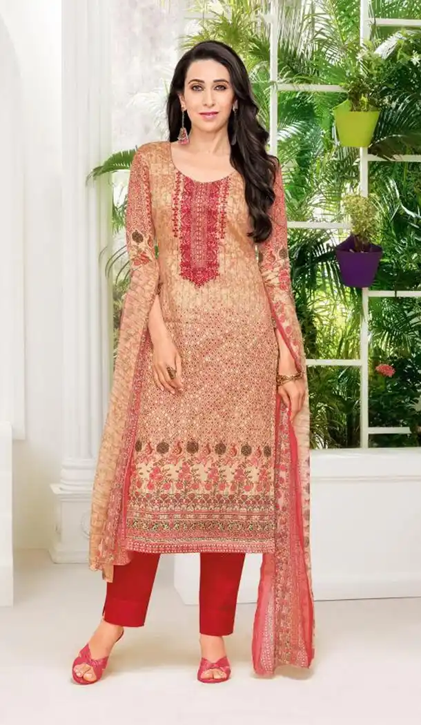 Bollywood Celebrity Karishma Kapoor Apricot Color Pure Jaam Satin Salwar Kameez - 419651107