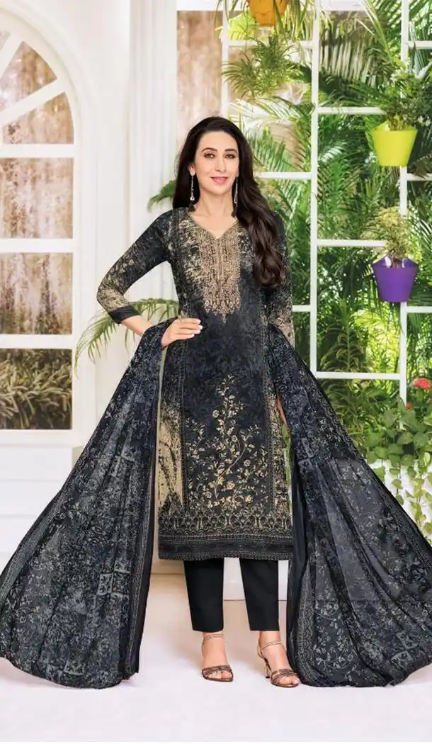 Bollywood Celebrity Karishma Kapoor Black Color Pure Jaam Satin Salwar Kameez - 419651109