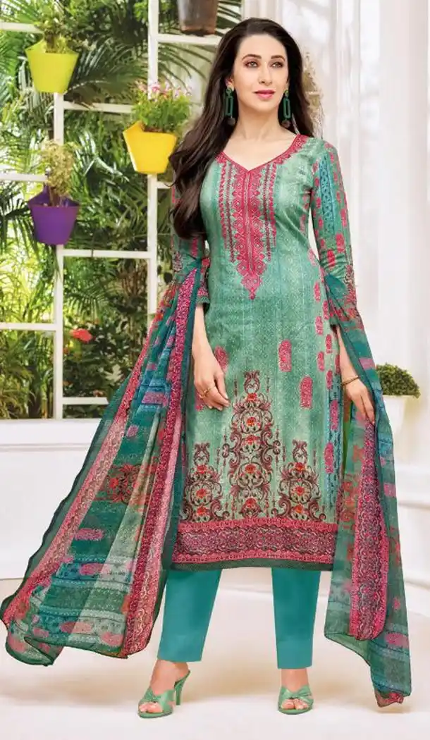 Bollywood Celebrity Karishma Kapoor Turquoise Color Pure Jaam Satin Salwar Kameez - 419651112