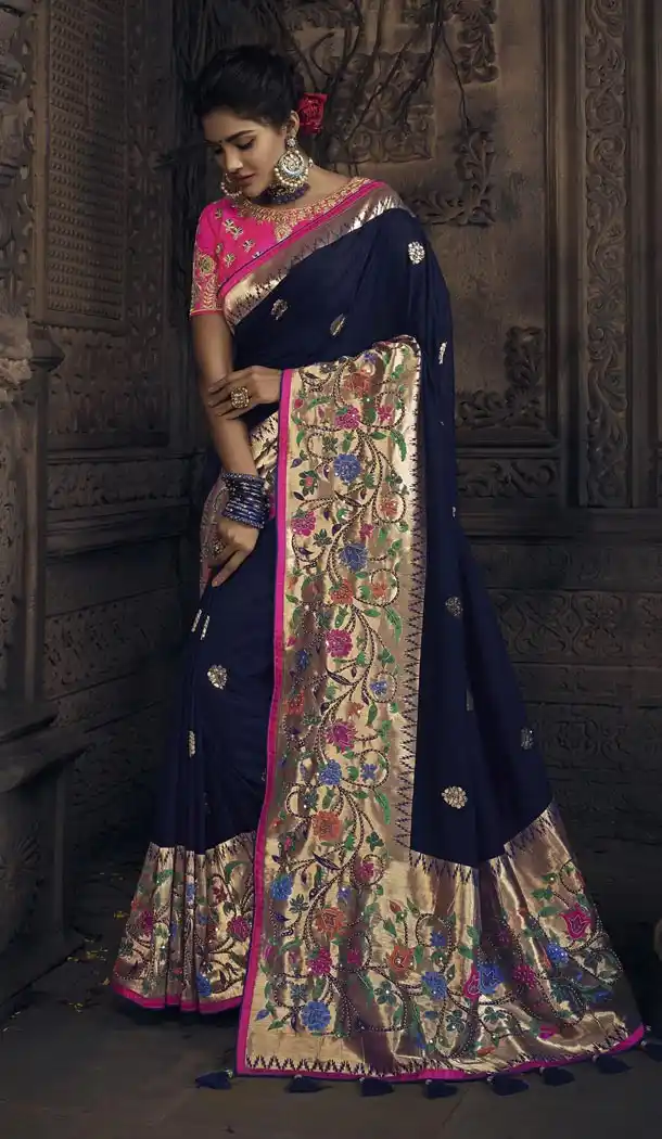 Navy Blue Color Pure Dola Silk Bridel Lehenga Style Saree Blouse - 420851238