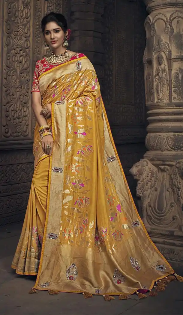 Golden Color Pure Dola Silk Bridel Lehenga Style Saree Blouse - 420851239