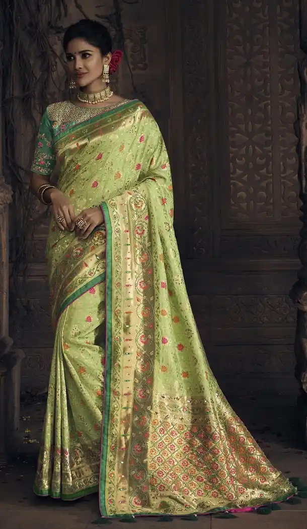 Pista Green Color Pure Dola Silk Bridel Lehenga Style Saree Blouse - 420851240