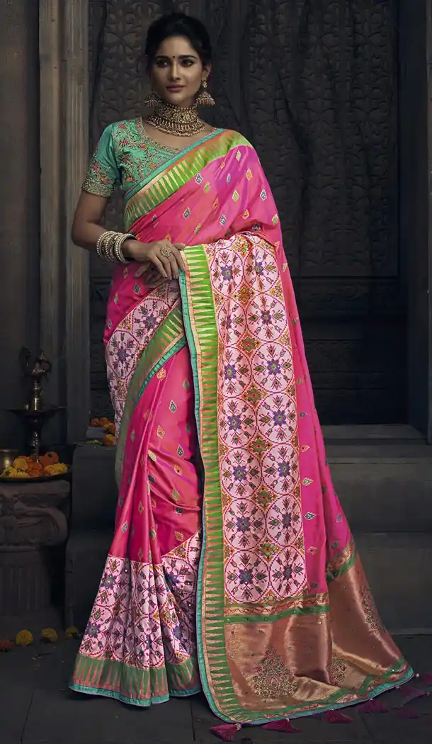 Rani Color Banarasi Silk Bridel Lehenga Style Saree Blouse - 420851242