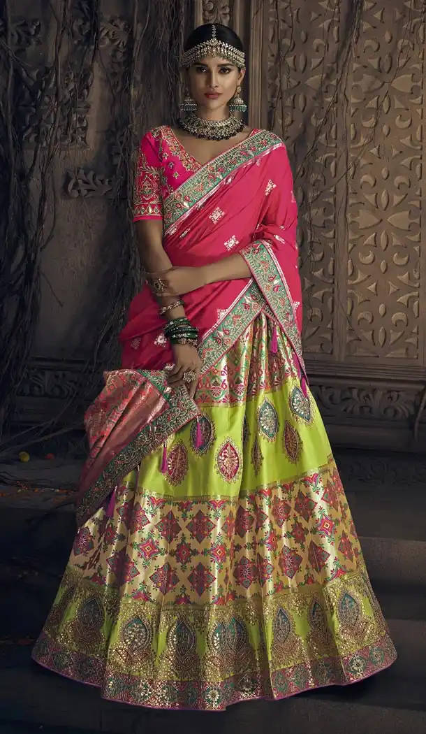 Adorable Parrot Green Color Banarasi Silk Bridel Wedding Chaniya Choli - 420851245