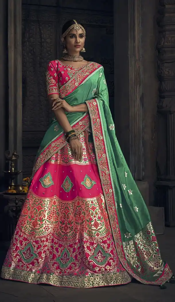 Traditional Rani Color Banarasi Silk Bridel Wedding Chaniya Choli - 420851246