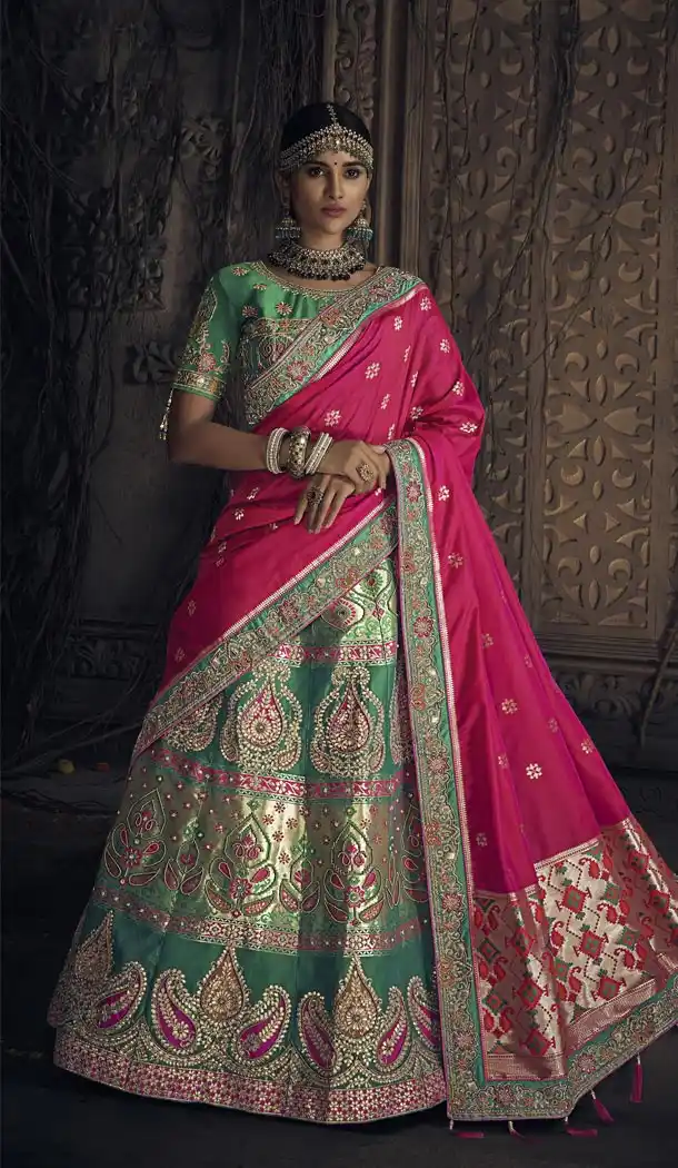 Divine Rama Green Color Banarasi Silk Bridel Wedding Chaniya Choli - 420851248