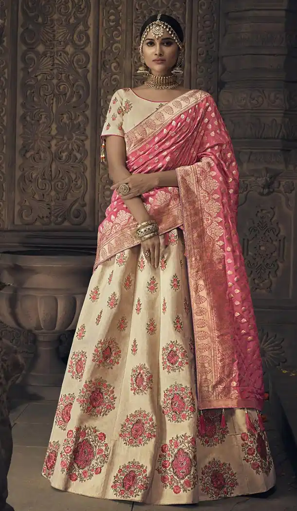 Fancy Cream Color Banarasi Silk Designer Chaniya Choli - 420851249