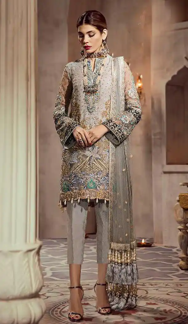 Grey Color Fox Georgette and Net Pakistani Style Salwar Kameez - 420951252
