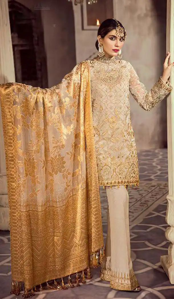 Beige Color Fox Georgette and Net Pakistani Style Salwar Kameez - 420951254