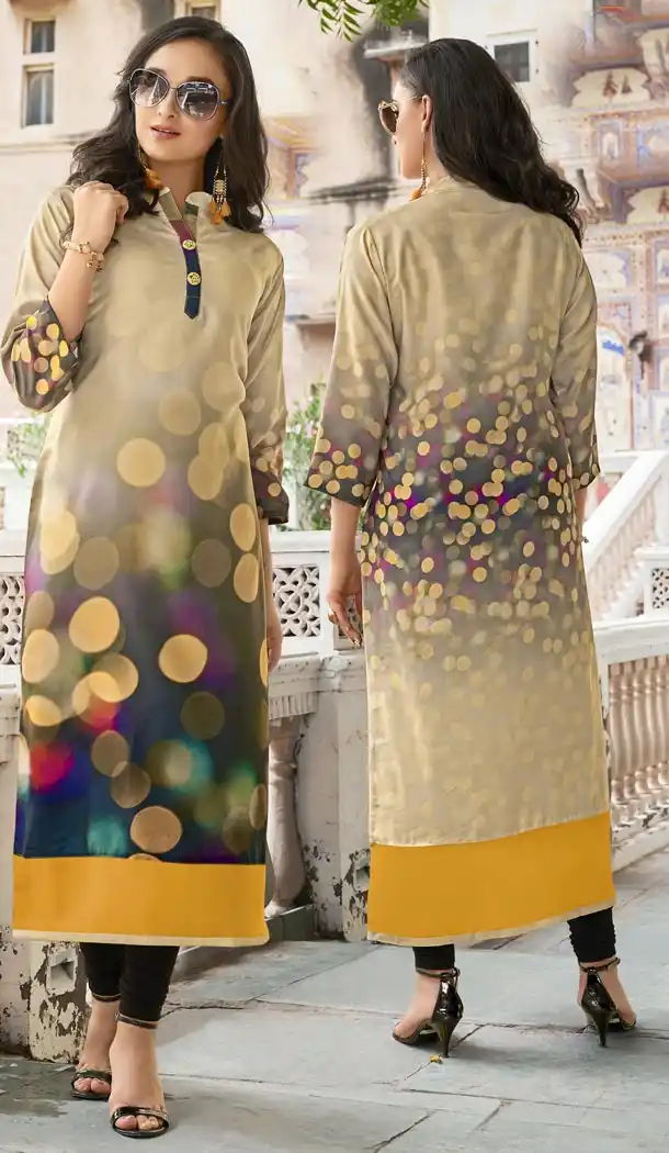 Classy Beige Color Poly Rayon Party Wear Readymade Kurti - 418951019