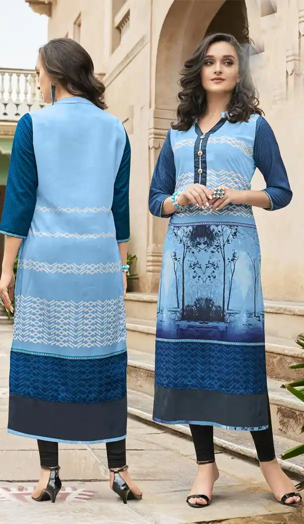 Ethnic Blue Color Poly Rayon Party Wear Readymade Kurti - 418951026