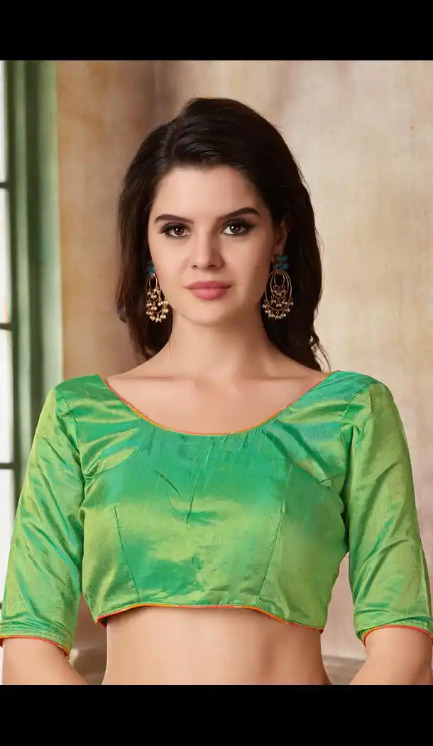 Green Color Two Ton Silk Party Wear Round Neck Readymade Blouse - 3543107