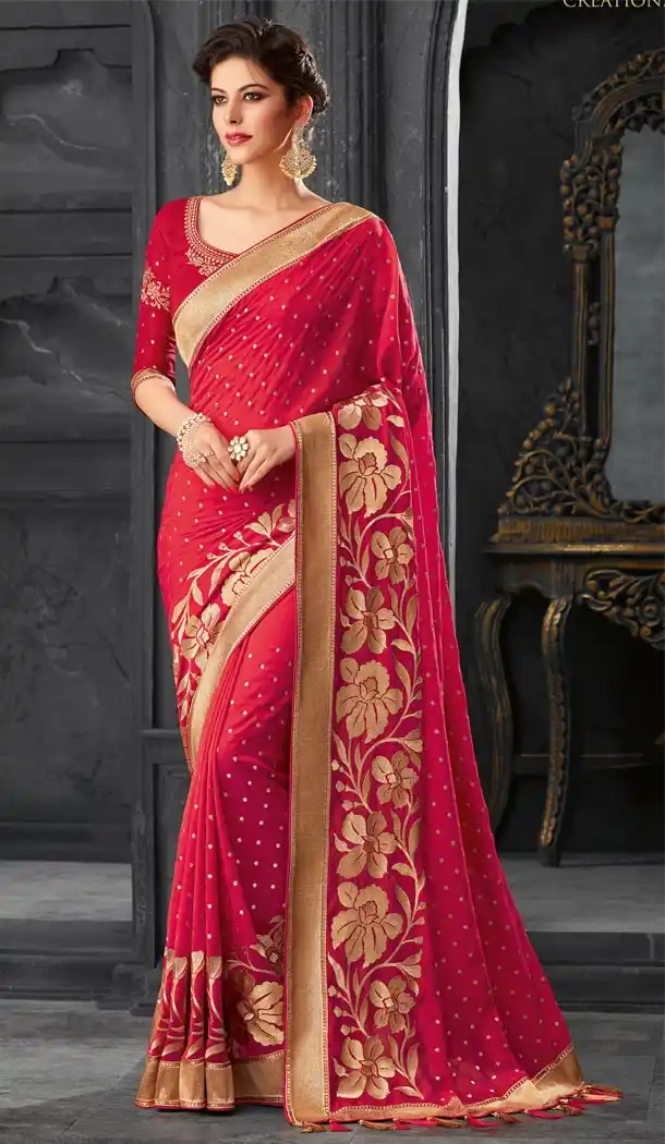 Attractive Red Color Silk Embroidery Traditional Party Sarees - 419051031